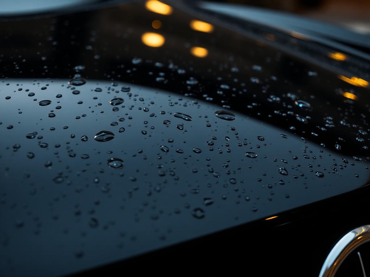 Water beading on a freshly coated black bonnet