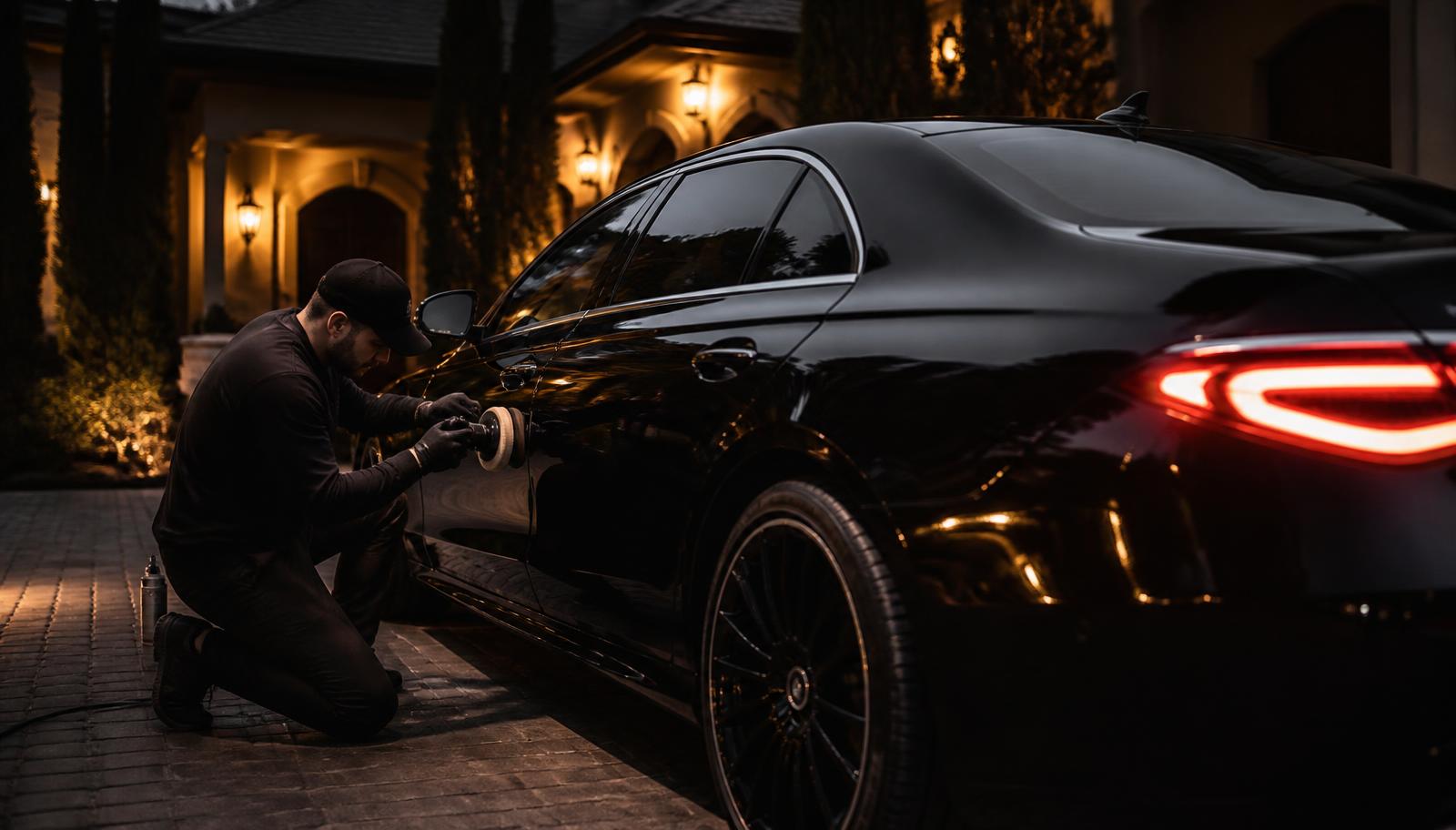 Detailer polishing a black sedan in a driveway at dusk