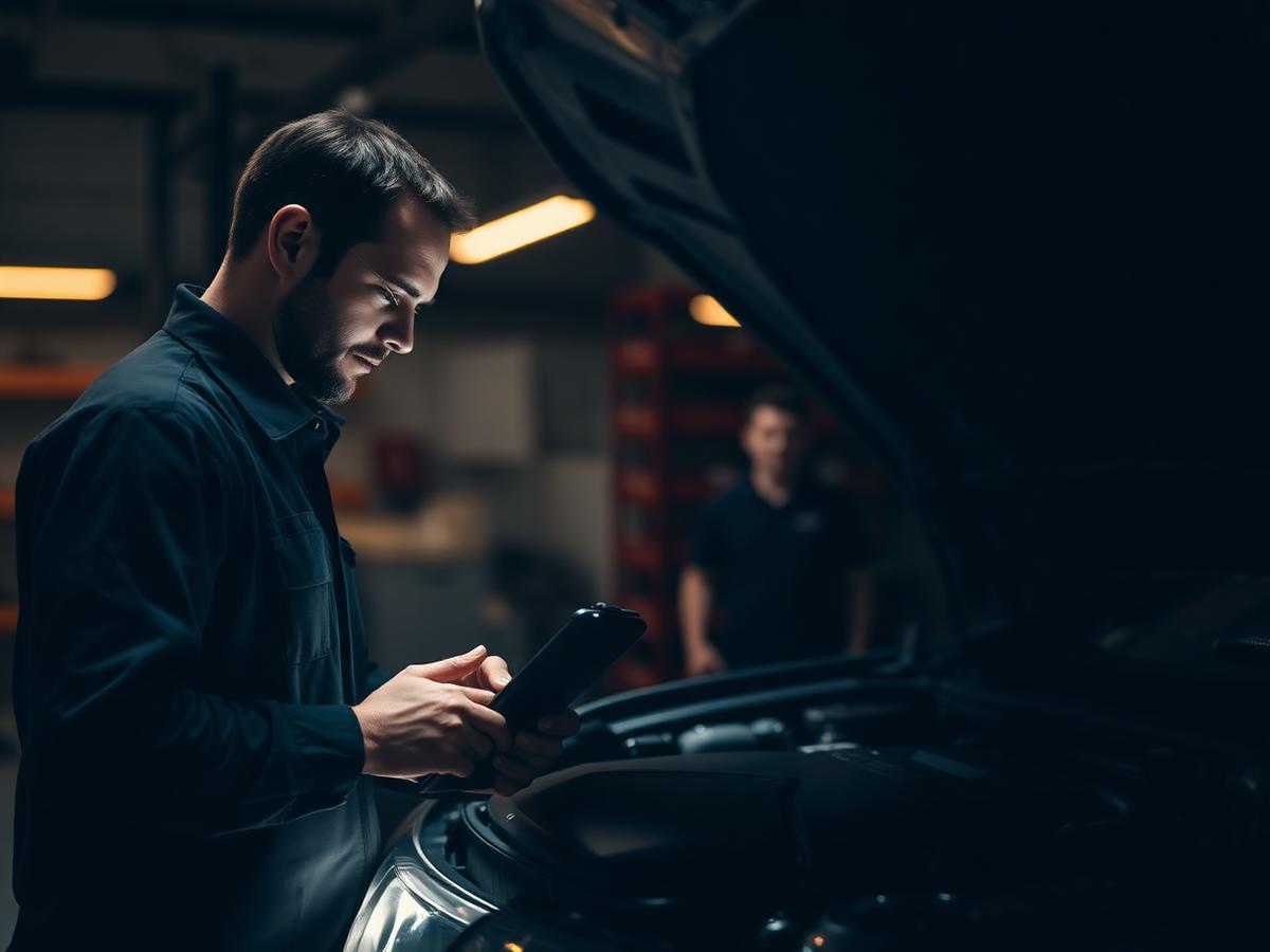 Technician reading a diagnostic tablet beside an open engine bay