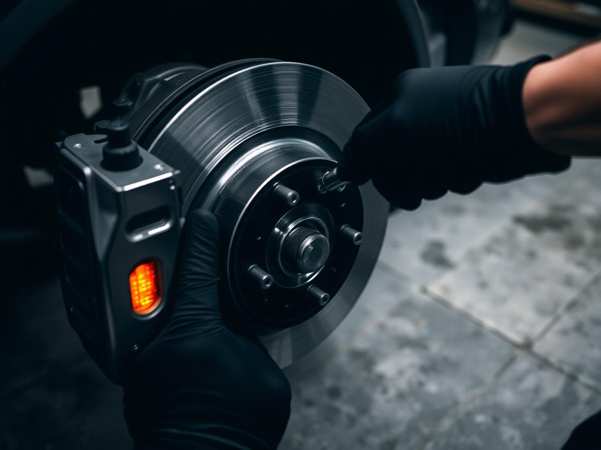 Gloved hands servicing a brake rotor and caliper