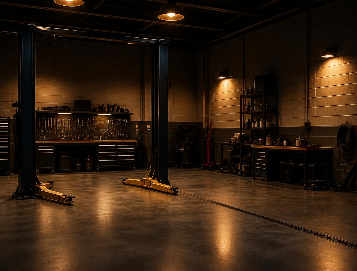 Clean repair bay with a hydraulic lift under warm lighting
