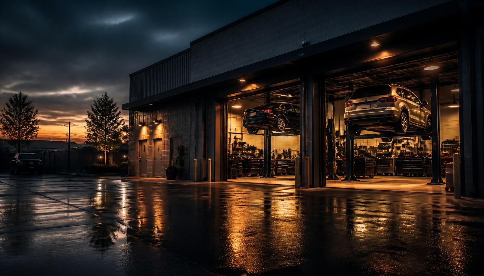 Independent auto repair shop at dusk with two lit service bays