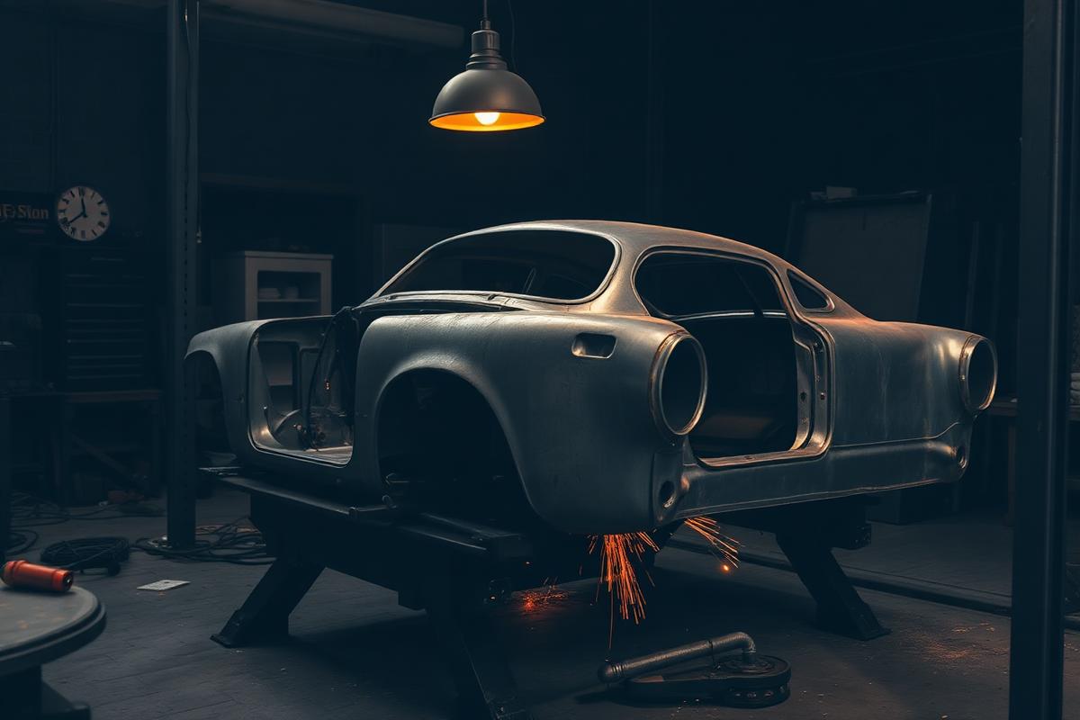 Classic coupé body panels being metal-worked in the shop