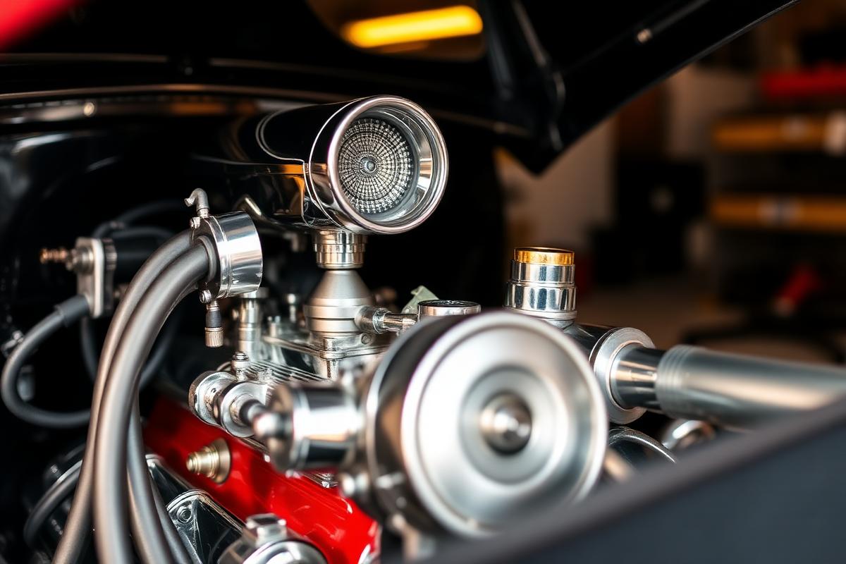 Engine bay of a restored classic under shop lighting
