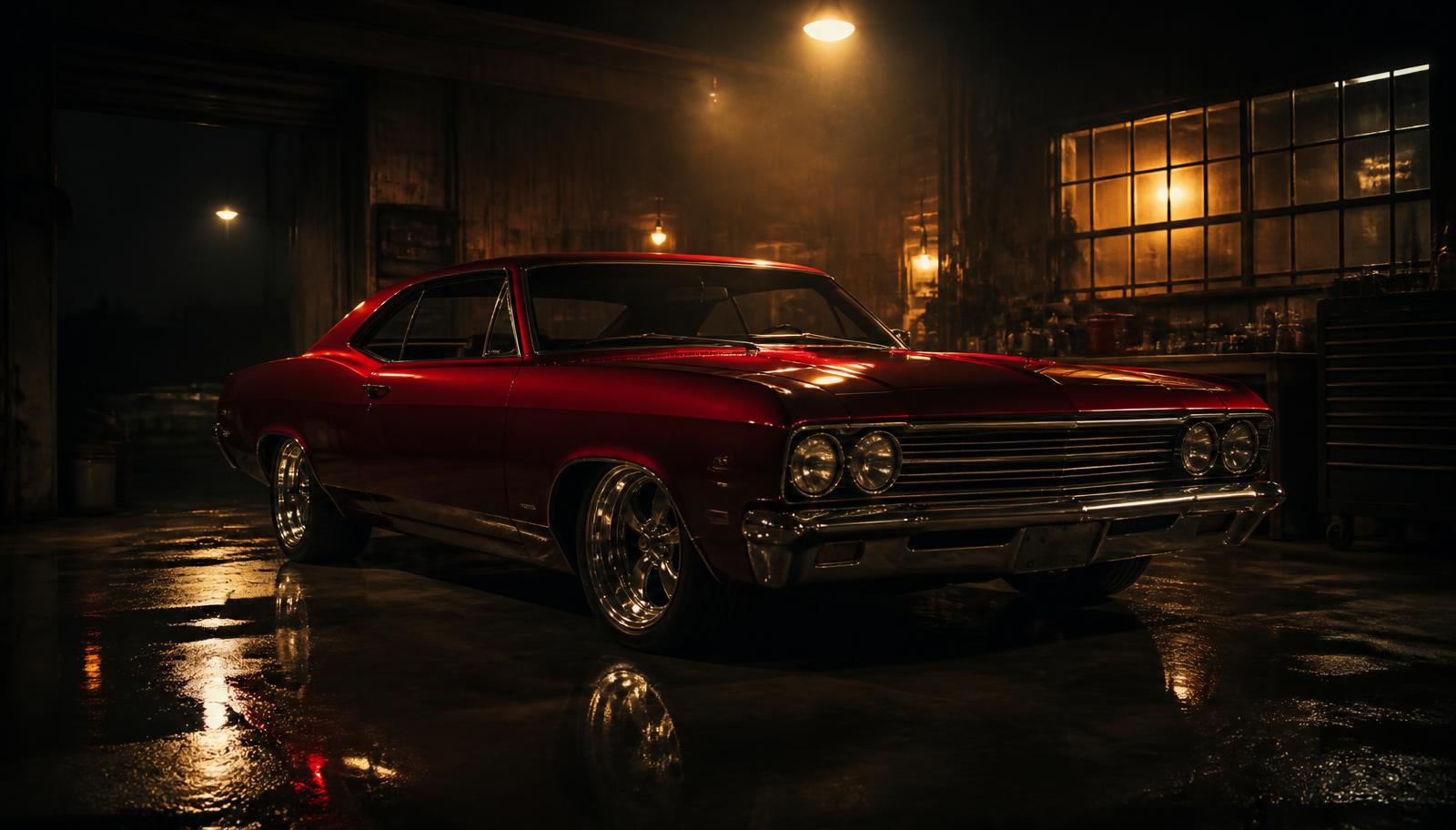 Deep red classic coupé under warm lights in a restoration garage