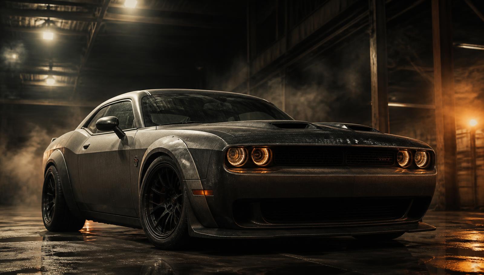 Wide-body American muscle car in a hazy warehouse under amber lights